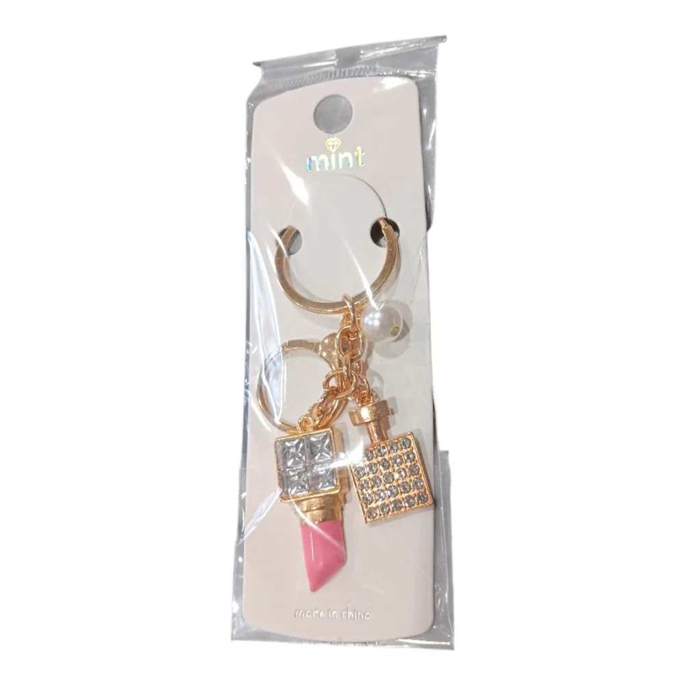 Lipstick, Perfume Bottle, Pearl Rhinestone Purse Charm Keychain in Pink Bling